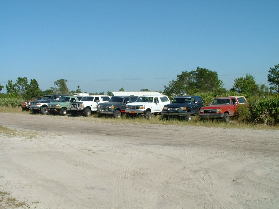 Several Ford Broncos and F-150s parked in a row on a dirt lot