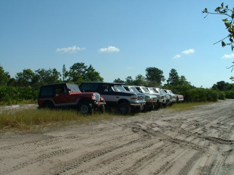 1995 Ford Bronco - A collection of off-road vehicles are parked side-by-side on a sandy track under a clear blue sky.
