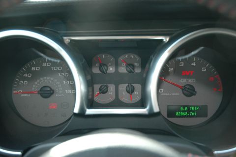2008 Ford Mustang - The dashboard gauges of a 2008 Ford Mustang Shelby GT500 show the vehicle has traveled 20,868 miles.