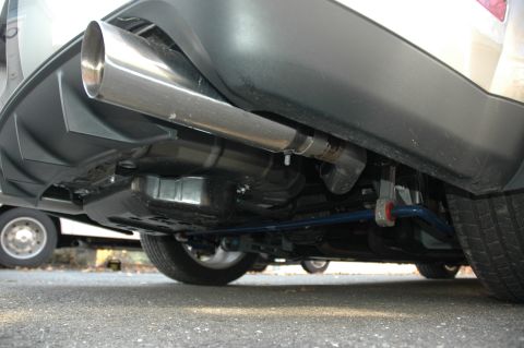 2008 Ford Mustang - The rear underside of a vehicle is shown, including the exhaust system and suspension.