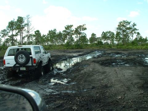 1995 Ford Bronco - A white Ford Bronco navigates a muddy track, its rear tire visible as it churns through the mire.