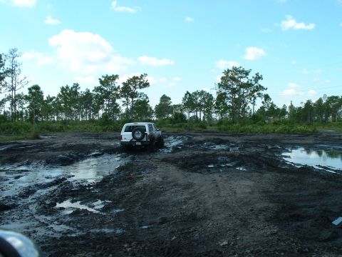 1995 Ford Bronco - A 1995 Ford Bronco navigates a challenging muddy terrain under a partly cloudy sky.