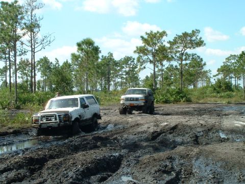 1995 Ford Bronco - Two Ford Broncos navigate a muddy off-road course under a clear blue sky.