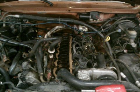 1987 Ford Bronco - Close-up view of a vehicle's engine bay, showing various hoses, wires, and engine components. The Supermotors.net logo is visible.