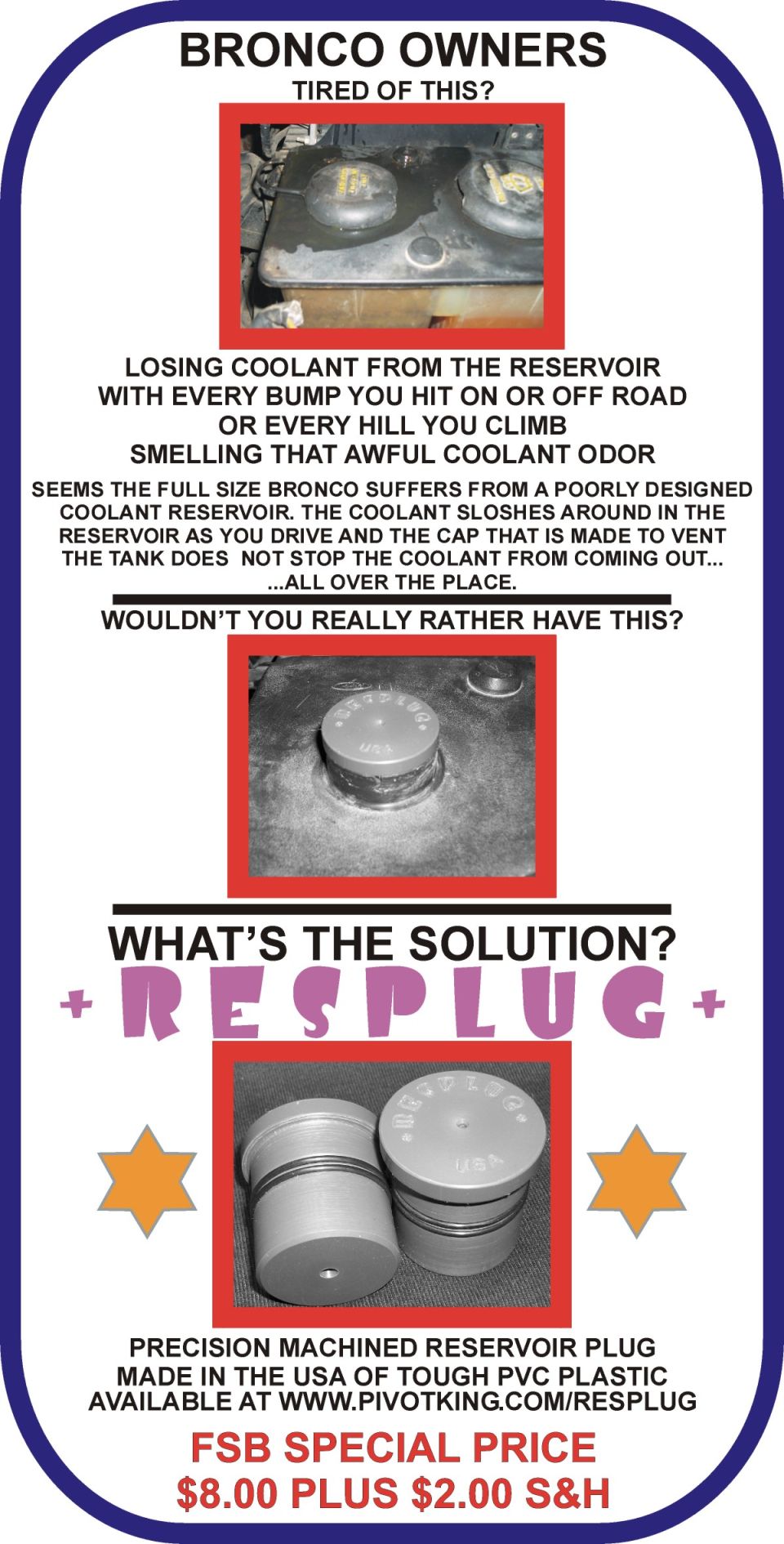 Advertisement for the RESPLUG Bronco coolant reservoir plug