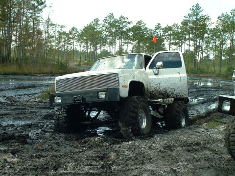 1995 Ford Bronco - This lifted truck appears to be stuck in a muddy off-road course, with trees and water in the background.