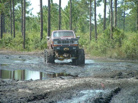 1995 Ford Bronco - Modified pickup truck navigates a muddy trail, its "Money Pit" windshield visible.