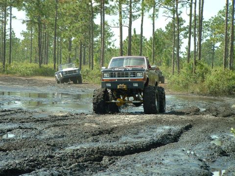 1995 Ford Bronco - Two vehicles navigate a challenging muddy track surrounded by tall pine trees.