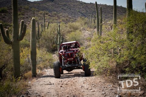 Suzuki Samurai - Custom off-road buggy navigates a desert trail surrounded by saguaro cacti.