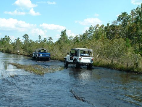 1995 Ford Bronco - Two off-road vehicles navigate a watery path surrounded by dense vegetation under a partly cloudy sky.