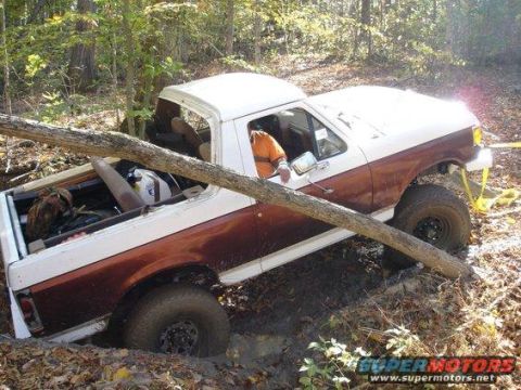 1989 Ford Bronco - 1989 Ford Bronco stuck in mud with a tree branch across it during an off-road event.