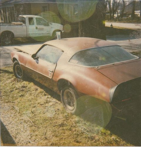 1978 Pontiac Trans Am - A weathered 1978 Pontiac Trans Am sits in a grassy yard next to a white pickup truck.