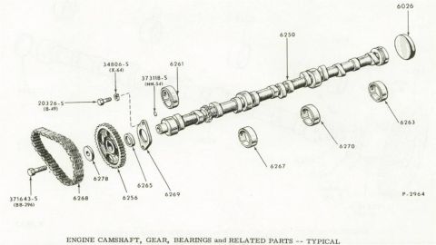 1972 Ford Ranchero - Exploded view diagram shows engine camshaft, gear, bearings, and related parts with numerical callouts.