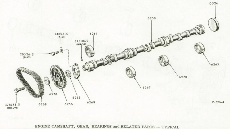 Exploded diagram of Ford engine camshaft, timing gear, bearings and related parts