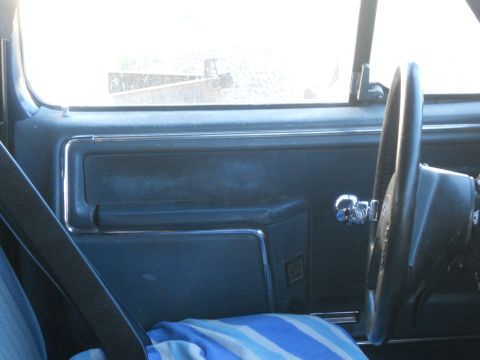 1986 Ford Bronco - View of the interior door panel, chrome door handle, and steering wheel.