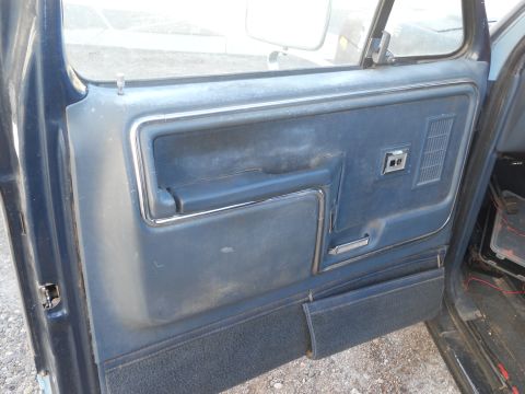 1986 Ford Bronco - Close-up of a blue interior door panel, showing the armrest, door handle, and storage pocket.