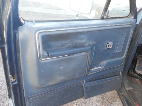 1986 Ford Bronco - Interior view of a 1986 Ford Bronco's blue door panel, showing fabric and chrome trim.