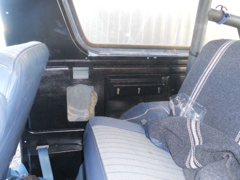 1986 Ford Bronco - Interior view of a 1986 Ford Bronco, blue seats and a roll cage.