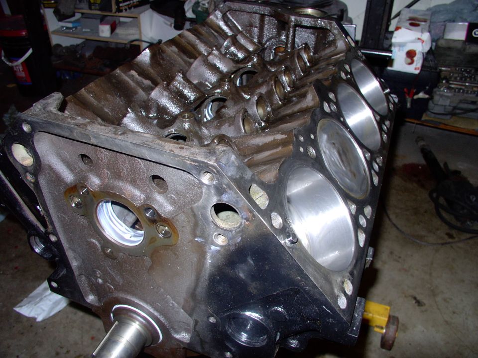 Eight pistons in, 16 con rod nuts torqued to factory 45 ft/lbs and cam bearings lubed with assembly grease.