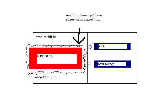 Rough sketch of a dash panel layout with an MPGuino opening and 4X4 and Low Range switches