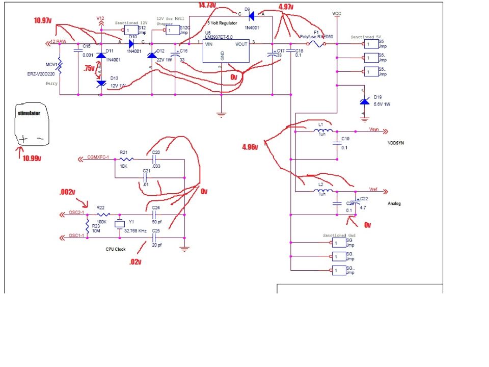 Megasquirt power-supply schematic annotated with measured voltages at regulator and CPU clock