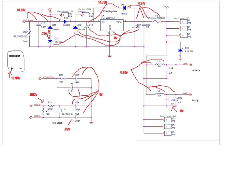 Megasquirt power-supply schematic with measured voltages at regulator, rails and CPU clock