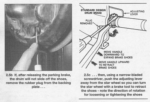 1990 Ford Bronco - Service procedure steps 2.5b-2.5c showing drum brake adjuster access with a photo and an instructional figure.