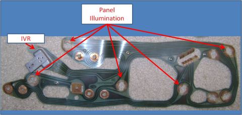 1972 Ford Ranchero - This image shows a circuit board for a vehicle's instrument cluster, with labels pointing to the IVR and panel illumination areas.