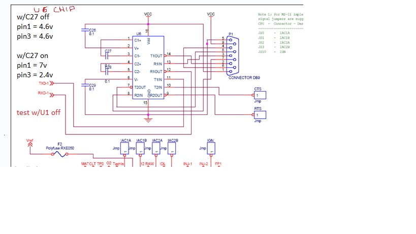 Megasquirt U6 MAX232 schematic annotated with pin voltages for C27 on and off