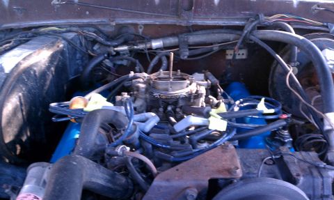 1979 Ford Bronco - Close-up view of a vehicle's engine bay, showing the carburetor and various hoses and wires.