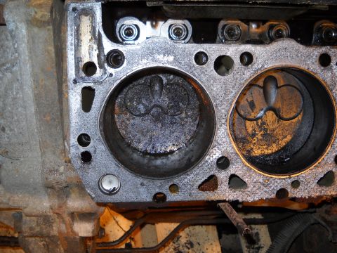 1988 Ford F-250 - Close-up view of an engine block, revealing two cylinders with pistons inside, indicating wear and tear.