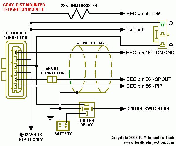 Gray distributor-mounted TFI ignition module wiring diagram with EEC pinouts