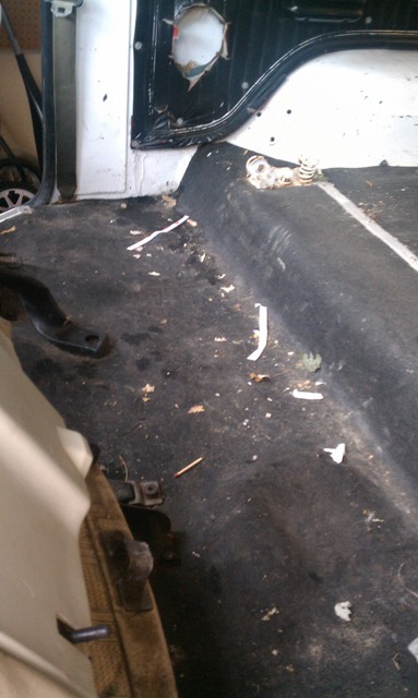 1978 Ford Bronco - The interior floor and door panel of a vehicle are visible, showing debris and wear.