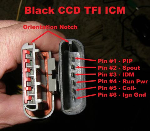 1990 Ford Bronco - A hand holds two mating halves of a black 6-pin TFI ICM connector, showing the female pins with red locking wedge and the socket side with…