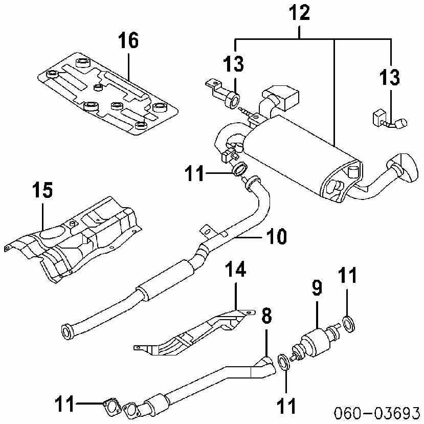 Exploded parts diagram of exhaust system with muffler, pipes and heat shields