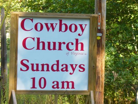 1979 Ford Bronco - Sign indicates Cowboy Church of Virginia meets Sundays at 10 am.
