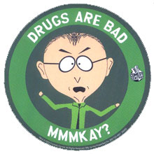 1987 Ford Bronco - This sticker features a cartoon character with the message 'DRUGS ARE BAD' and a website address.