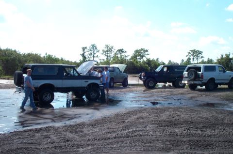 1995 Ford Bronco - Group of four full-size Ford Broncos parked on a wet sand and mud flat at a trail-riding spot, several with hoods raised as a handful of pe…