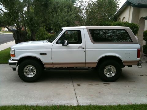 1996 Ford Bronco - This 1996 Ford Bronco is shown in profile, its distinctive two-tone paint scheme and off-road wheels.