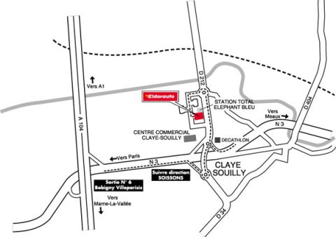 1991 Ford LTD Crown Victoria - black-and-white location map showing roads and landmarks around the Eldorauto store near Claye-Souilly, France, not a technical document.