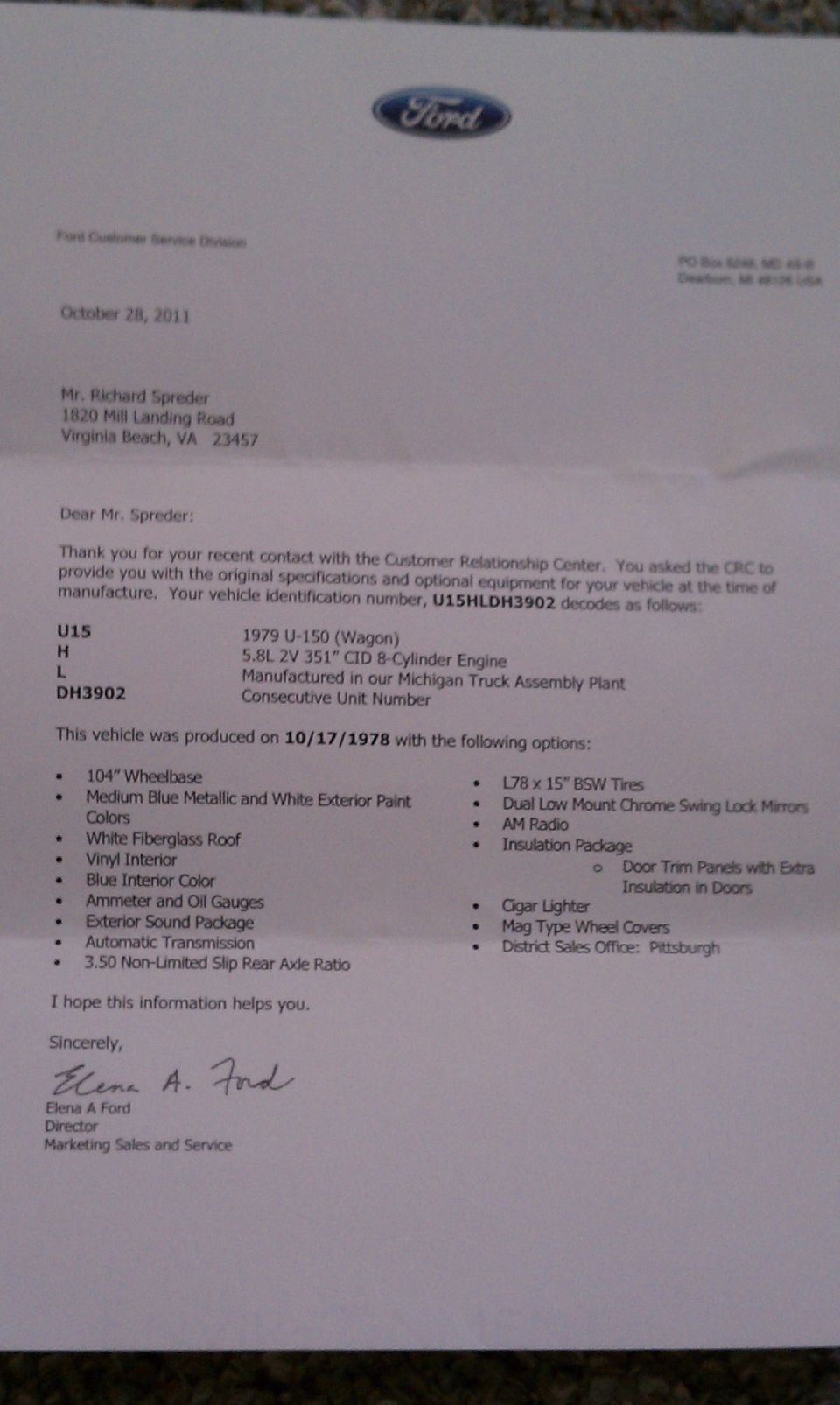 Ford customer service letter detailing a 1979 U-150 (Wagon) produced on 10/17/1978