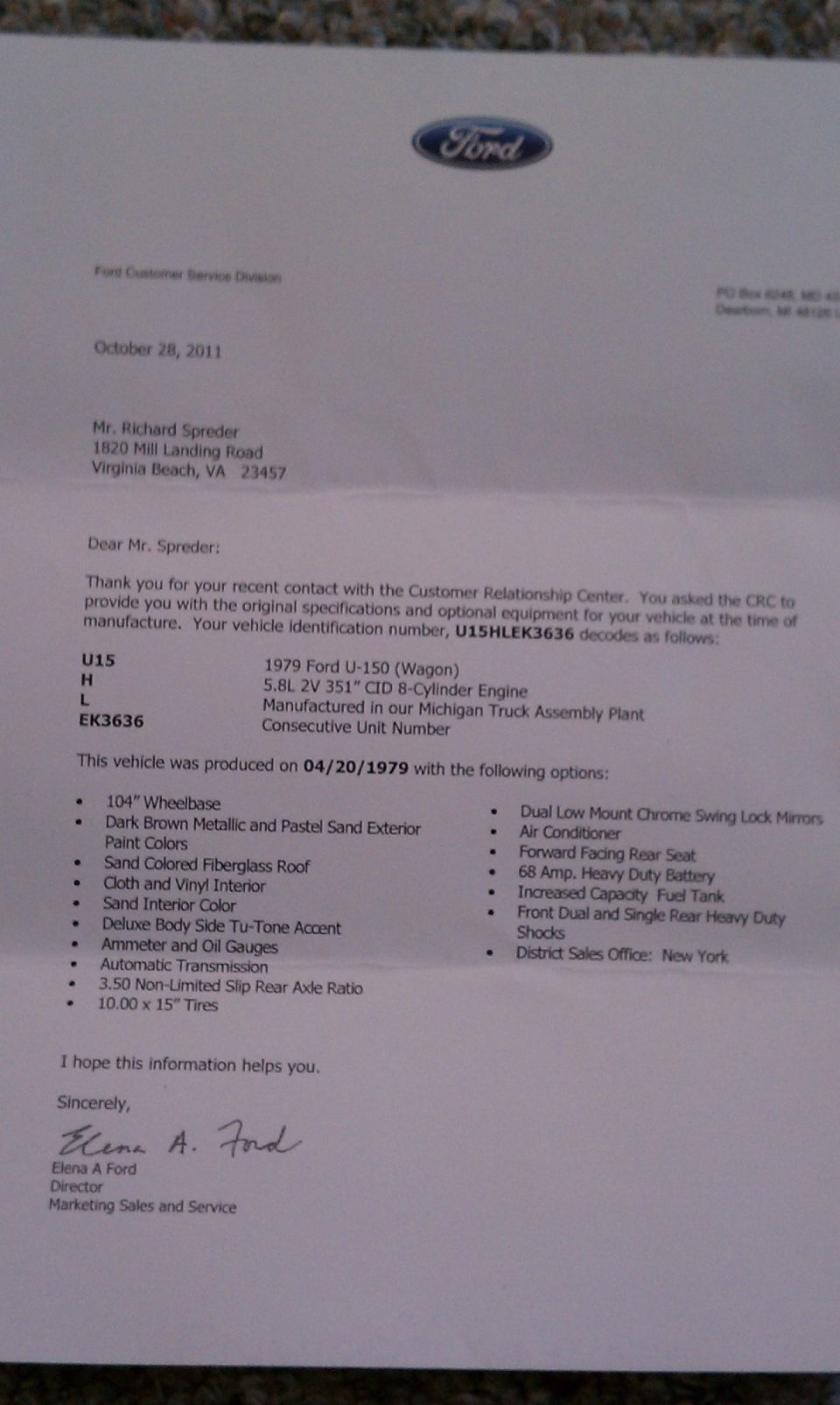 Ford Customer Service Division letter detailing a 1979 Ford U-150 (Wagon) with VIN U15HLEK3636