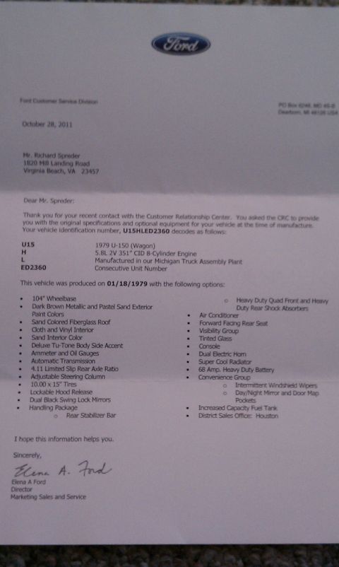 1979 Ford Bronco - This document from Ford Customer Service provides details about a 1979 U-150 (Wagon) vehicle.