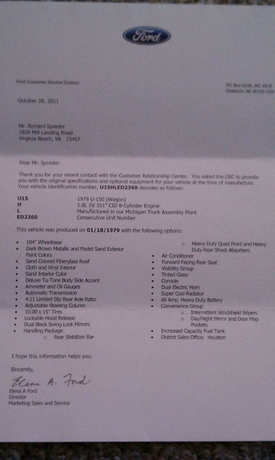 Ford letter detailing 1979 U-150 (Wagon) specs and options