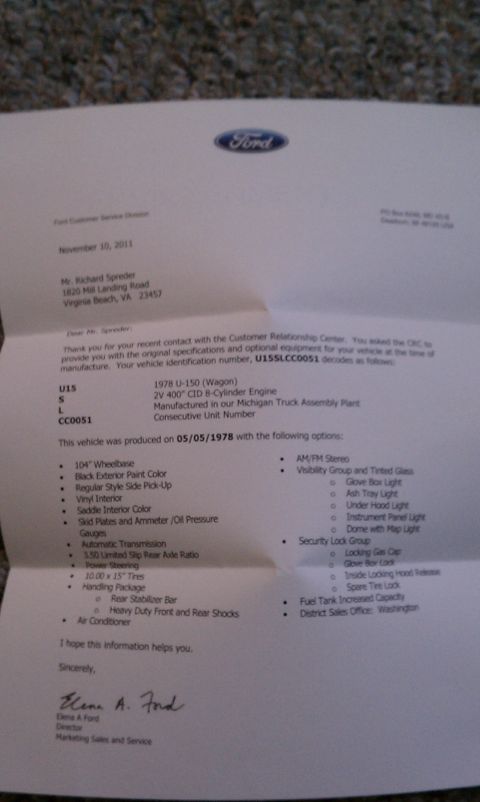 1979 Ford Bronco - This Ford customer service document provides specifications for a 1978 U-150 (Wagon) and lists its production date and options.