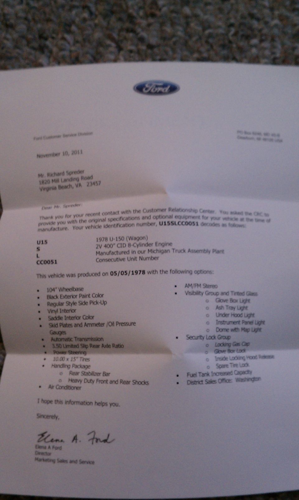 Ford customer service document detailing a 1978 U-150 (Wagon) with VIN U15SLCC0051, produced on 05/05/1978