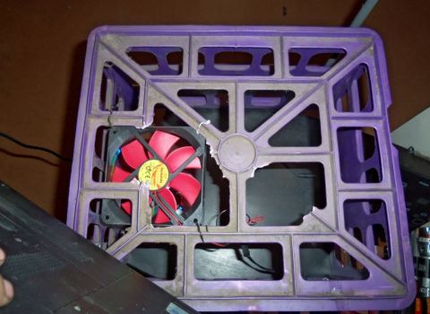 2000 Mercury Grand Marquis - Custom fan mount using a repurposed plastic crate.