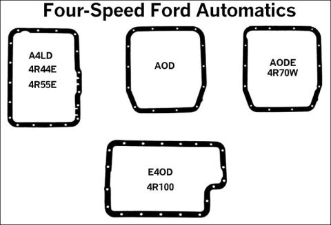 1990 Ford Bronco - Identification chart showing oil-pan outline shapes for four-speed Ford automatic transmissions (A4LD, AOD, AODE, E4OD).