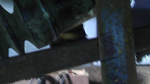 1989 Ford Bronco - Close-up view of a vehicle's undercarriage, showing painted metal parts and insulation.