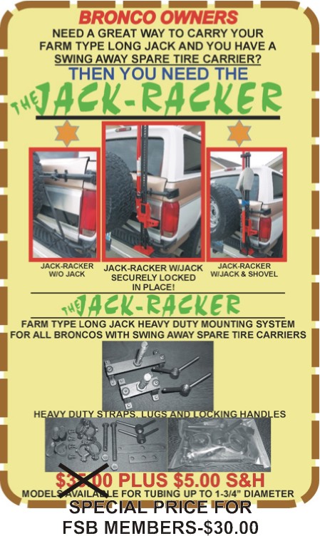 1996 Ford Bronco - Advertisement for the Jack-Racker system, detailing its features and pricing for Bronco owners.